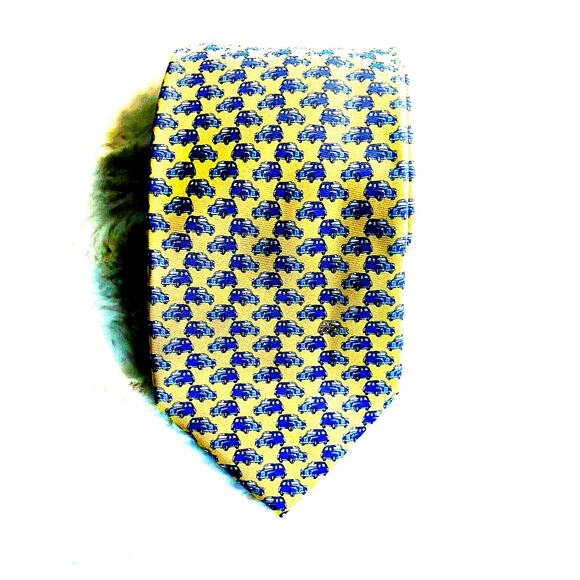 RARE Vintage Burberry London mens tie with blue cars and one yellow silk